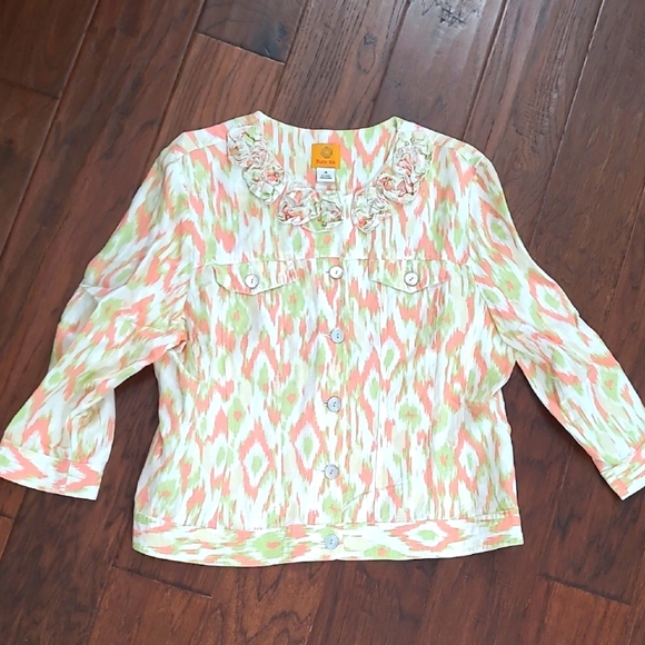 Ruby Rd Peach & Green Lightweight Linen Blend Jacket size 14 - Picture 1 of 7